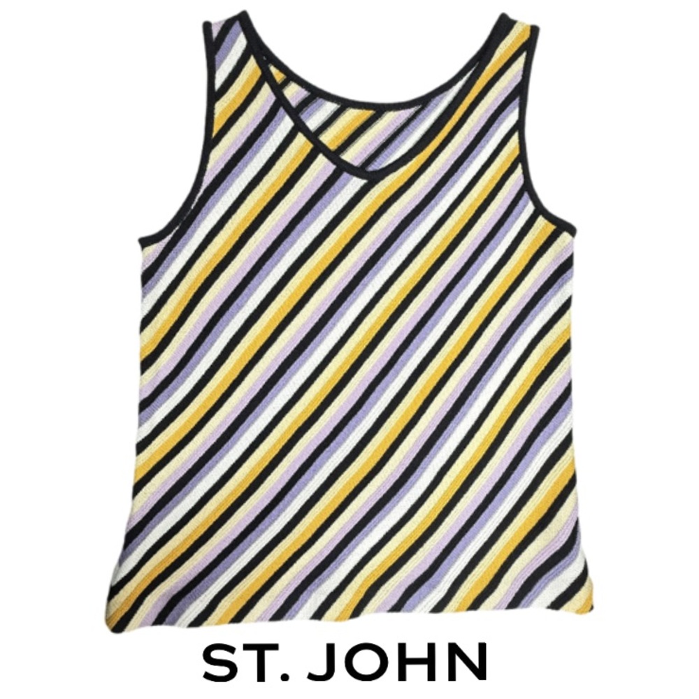 ST JOHN | Multi Colored Diagonal Striped V-Neck Sleeveless Shell Basics Career
